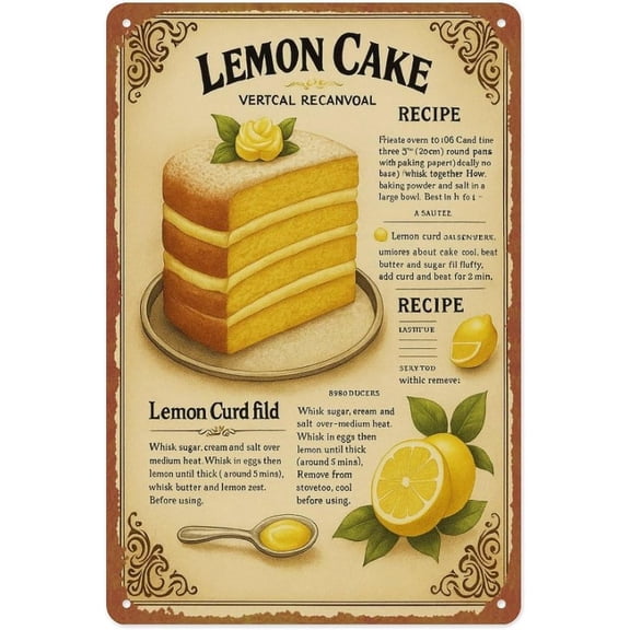 Vintage Lemon Cake Recipe Metal Wall Sign Tin Poster for Cafe Bar Restaurant Supermarket Shop 8 x 12 Inches