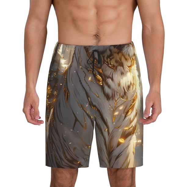 Balery Golden White Tiger Pantalones cortos de pijama de punto de algodón para hombre con cinturilla y bolsillos-Large