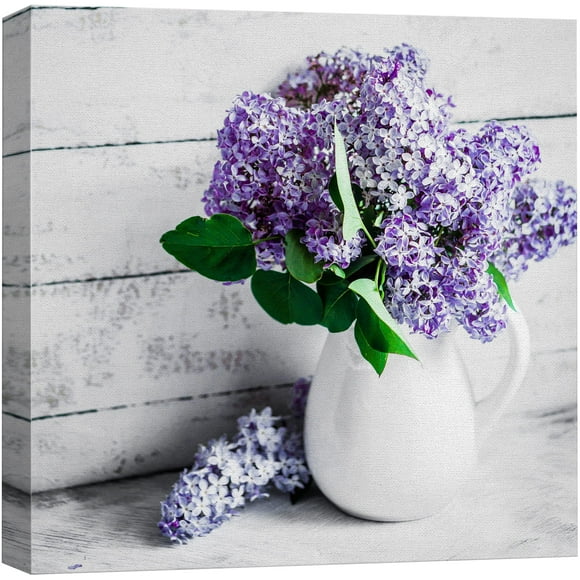 wall26 Art Mural sur Toile - Fleurs Lilas Élégantes Violet Clair et Rose dans une Bouteille de Chine Blanche Décoration Maison Moderne 16"x16 Pouces