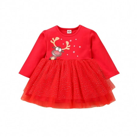 

EQWLJWE Toddler Baby Girls Christmas Long Sleeve Cartoon Printing Dress Suit Bodysuit Princess Dress Suit Deals Discount