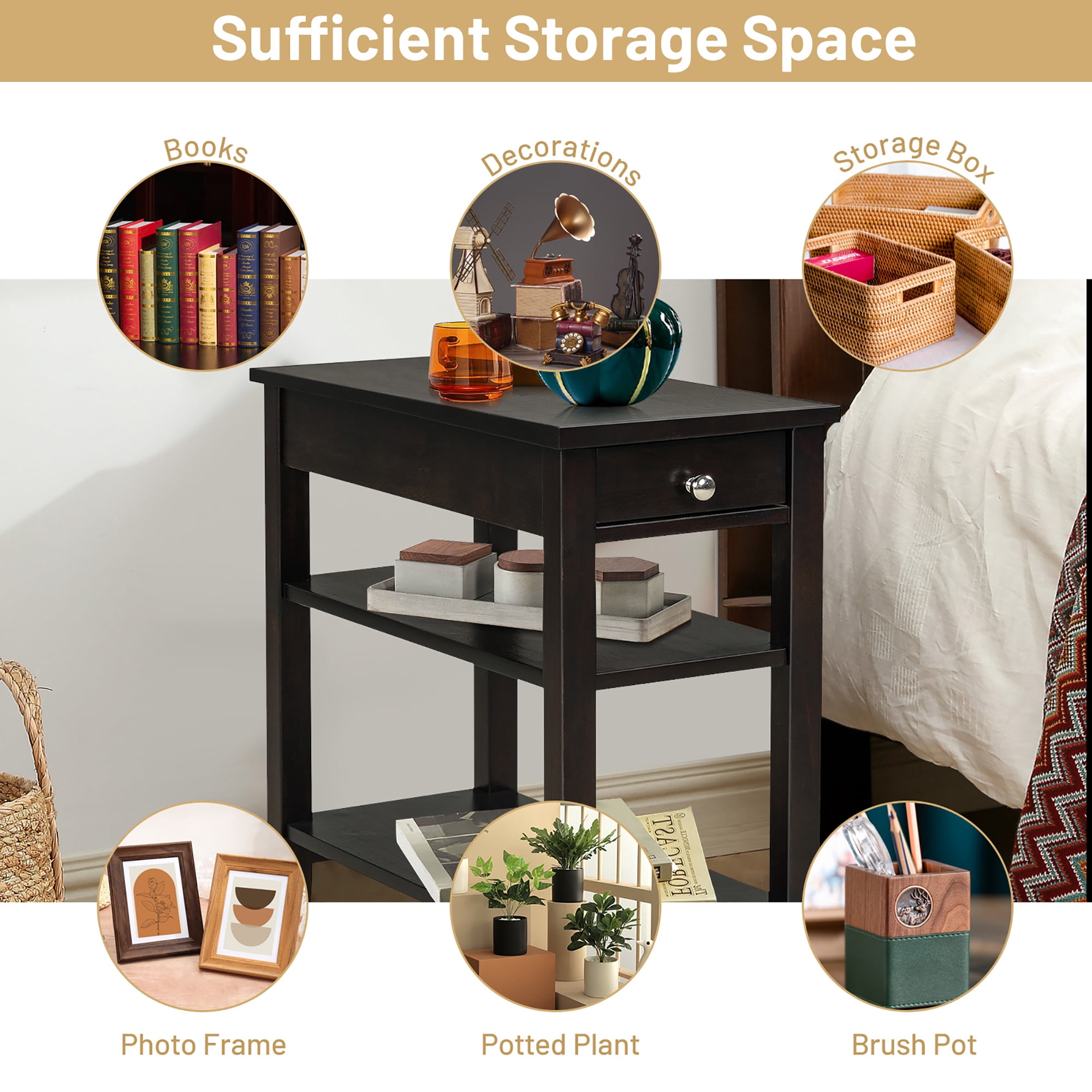 Costway 3-Tier Side End Table with Drawer Double Shelf Narrow Nightstand Espresso