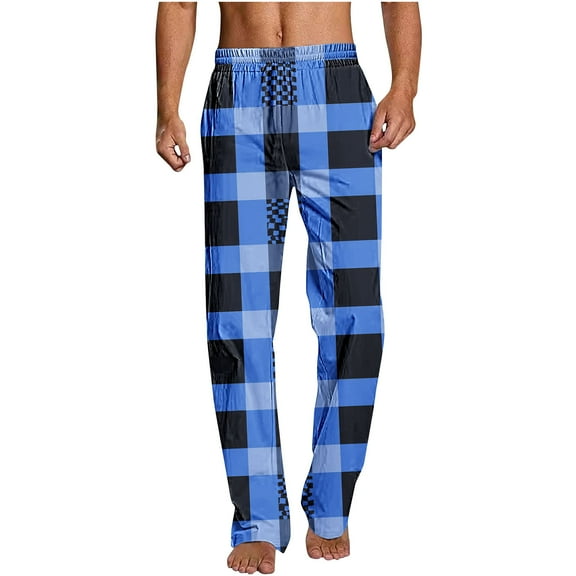 GuangCheng George Mens Blue and Black Checkered Lounge Pants Ultra Soft, Loose Fit with Elastic Waist,Size:M