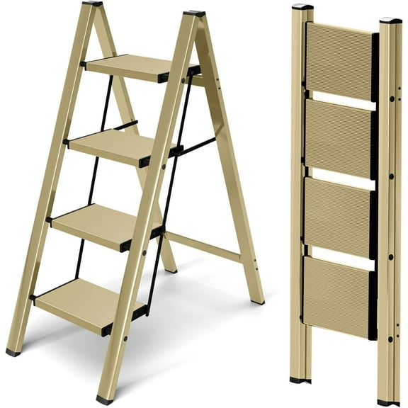 4 Step Ladder,Aluminum Folding Step Ladder for Adults,Step Ladder with Wide Anti-Slip Pedal,330 lbs Capacity for Home,Office,Kitchen,Library(Gold)