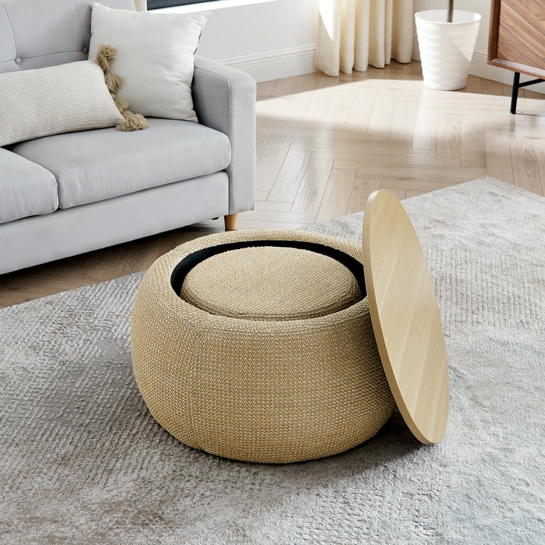 Round Storage Ottoman,Woven Rattan Fabric Ottoman,2 In 1