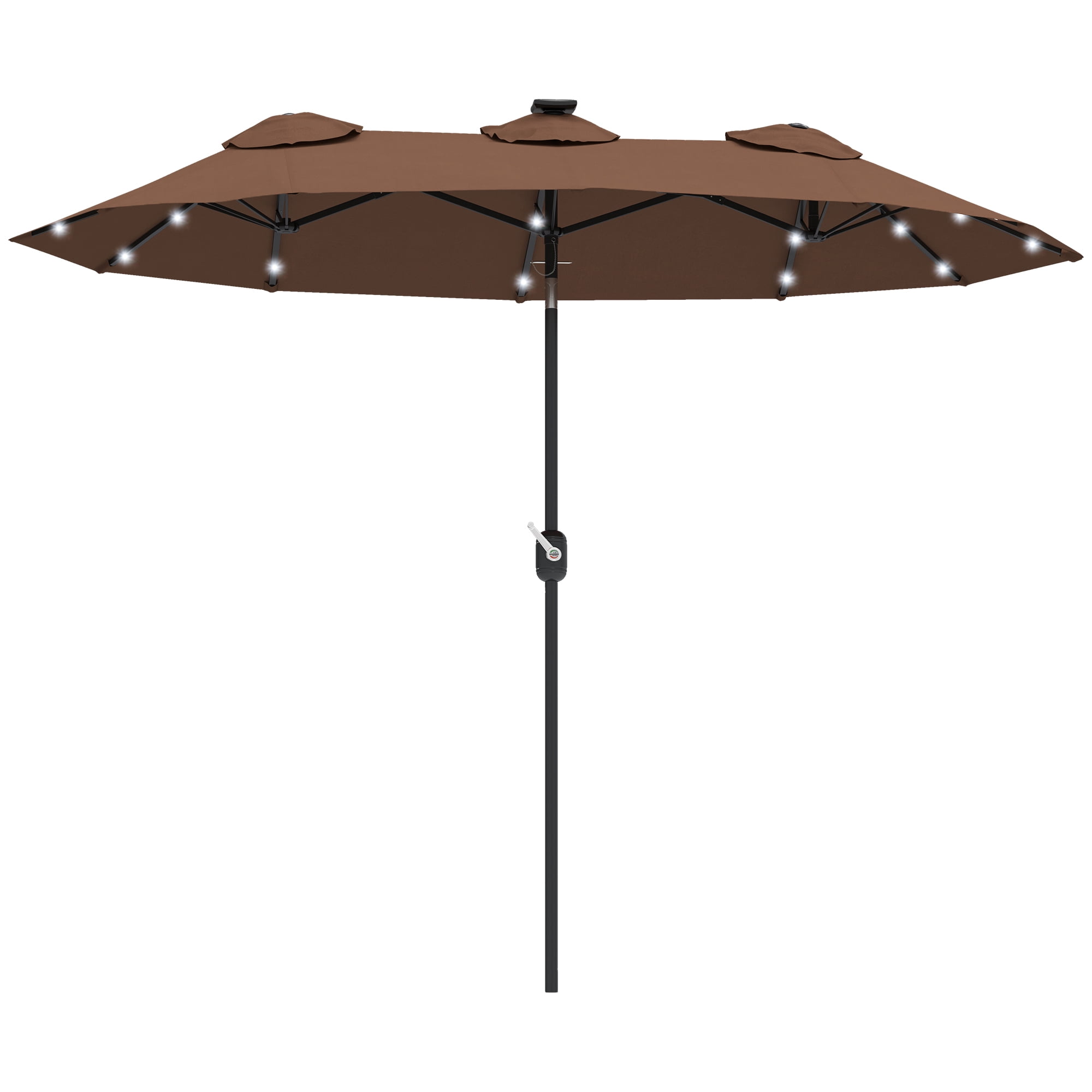 Outsunny 9.7 ft. Double-sided Patio Umbrella with LED Solar Light, 45-Degree Tilt and Crank, Outdoor Umbrella, Coffee