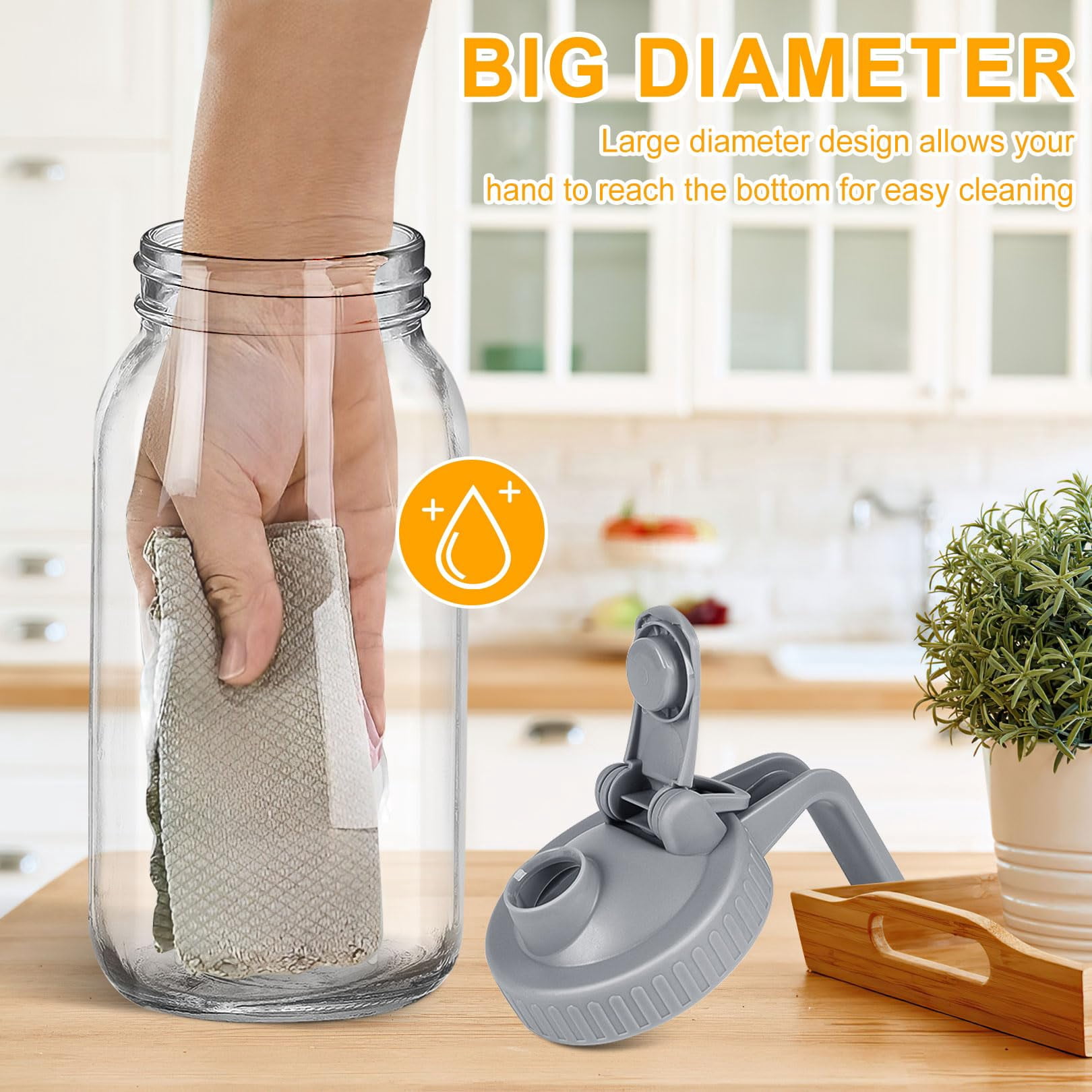 3 Pack 64 OZ Mason Jars with Lid, Glass Pitcher Double Leak Proof with Pour Spout Handle, 2 Quart Wide Mouth Breast Milk Pitcher for Fridge, Creamer Container for Coffee, Sun Tea, Juice（grey）