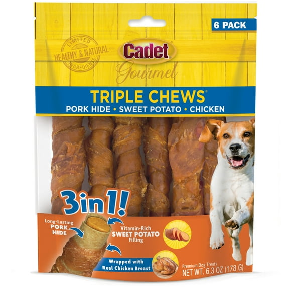 Cadet Gourmet Triple Chews Pork Hide Twists Chicken & Sweet Potato (6 Count)