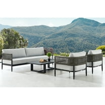 Alegria 4 Piece Outdoor Black Aluminum & Rope Conversation Set with Light Gray Fabric Cushions