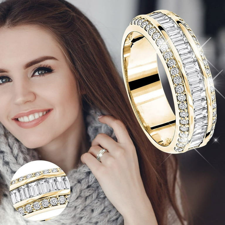 Gold Triple Rhinestone Rings Women Fashion Full Diamond Zircon