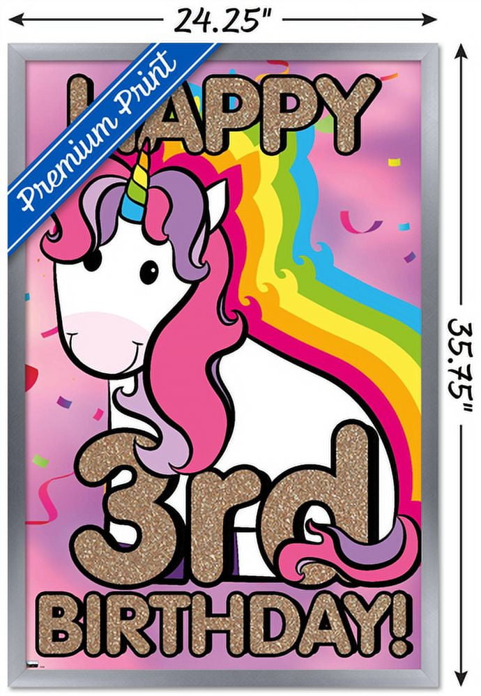 Ellie Ripberger Unicorn - Happy 3rd Birthday Wall Poster, 22.375" x 34", Framed