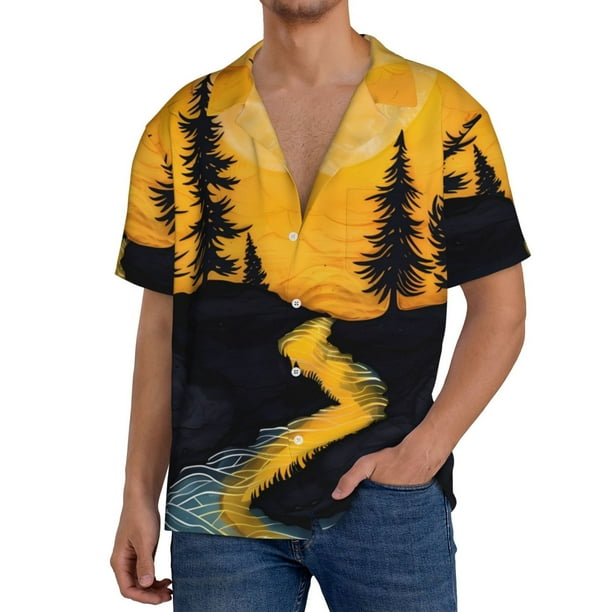 Fotbe Sunset River Pine Trees Camisa Estampada de Manga Corta para Hombre, Casual de Verano, Estilo Playero, Sin Arrugas-3X-Large