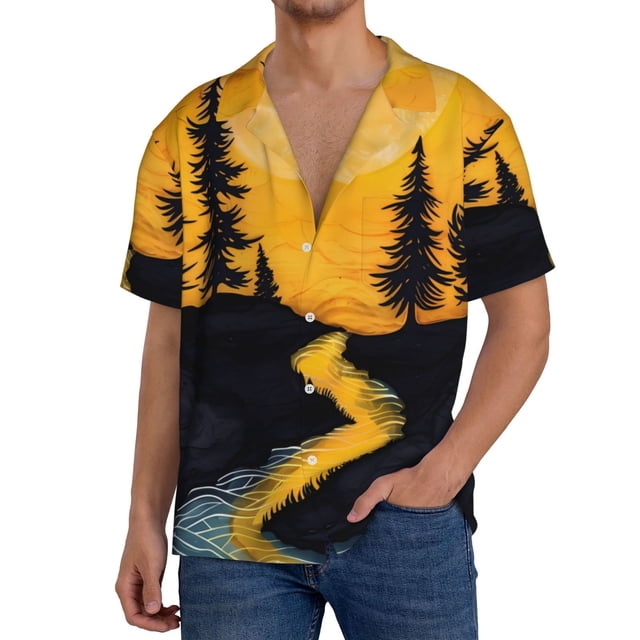 Xecao Sunset River Pine Trees Pattern Men's Short-Sleeve Cuban Collar Button-Down Shirt with Chest Pocket Lightweight Tropical Vacation Shirt-Large