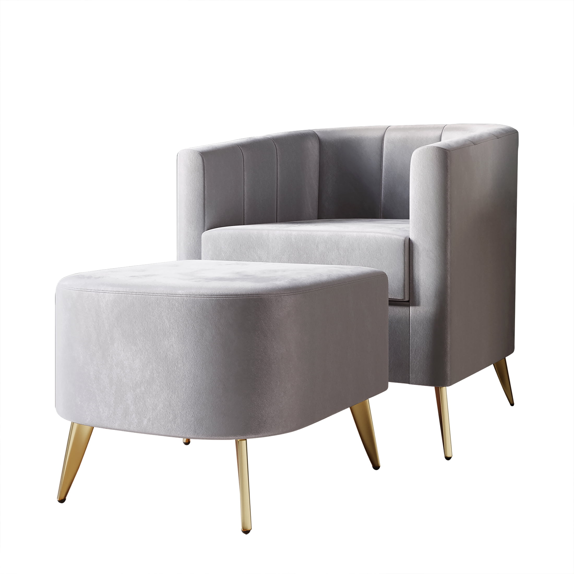 Castle Place Modern Upholstered Velvet Accent Chair with Stool, Silver Grey