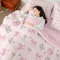 thumbnail image 4 of Erosebridal Cute Bowknot Bedding Twin Size,Pink Rose Leaves Comforter Sets with Sheets,Dreamy Pink Bedding Sets Twin Size For Princess,Microfiber Bedroom Decor Reversible,7pcs, 4 of 6