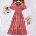 thumbnail image 4 of GENEMA Women Puff Short Sleeve Square Neck Midi Long Swing Dress Boho Vintage Floral Print Smocked A-Line Ruffle Hem Sundress, 4 of 14