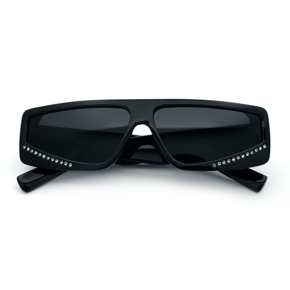 Womens Rhinestone Bling Narrow Rectangle Flat Top Plastic Fashion Sunglasses All Black