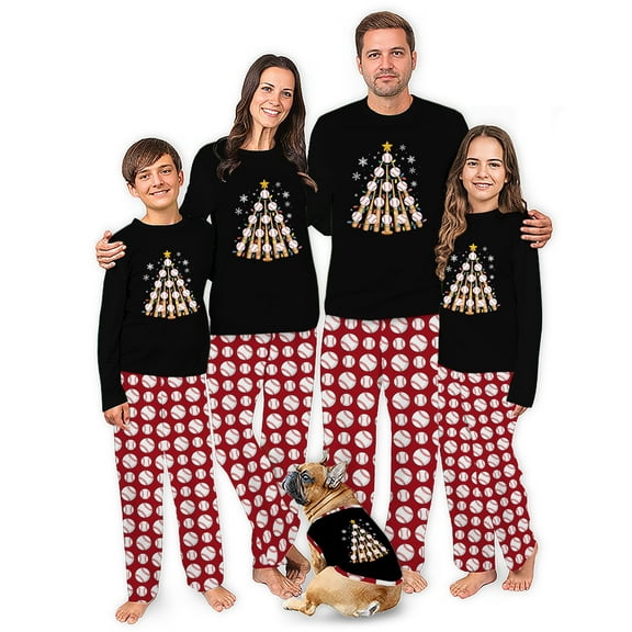 Baseball Christmas Tree Matching Pajamas For Family And Dog, Black And Red Pajamas With Plus Size