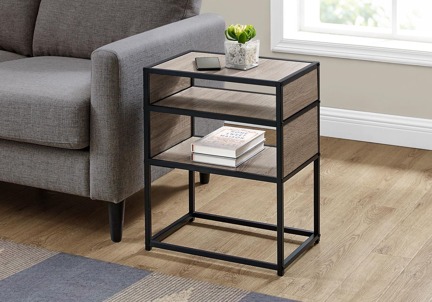 Monarch Specialties Accent Table, Side, End, Nightstand, Lamp, Living Room, Bedroom, Brown Laminate, Black Metal, Contemporary, Modern