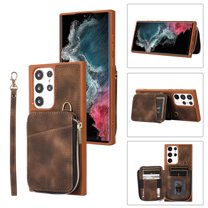 Dteck Zipper Wallet Case for Samsung Galaxy S23 Ultra,Shockproof Leather 5 Card Slots Holder Wrist Crossbody Strap Handbag Protective Kickstand Cover for Galaxy S23 Ultra,Brown