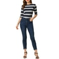 thumbnail image 2 of INSPIRE CHIC Mother's Day Women's Striped Shirts Slim Fit Elbow Sleeves Boat Neck T-Shirt L Navy Gray, 2 of 6