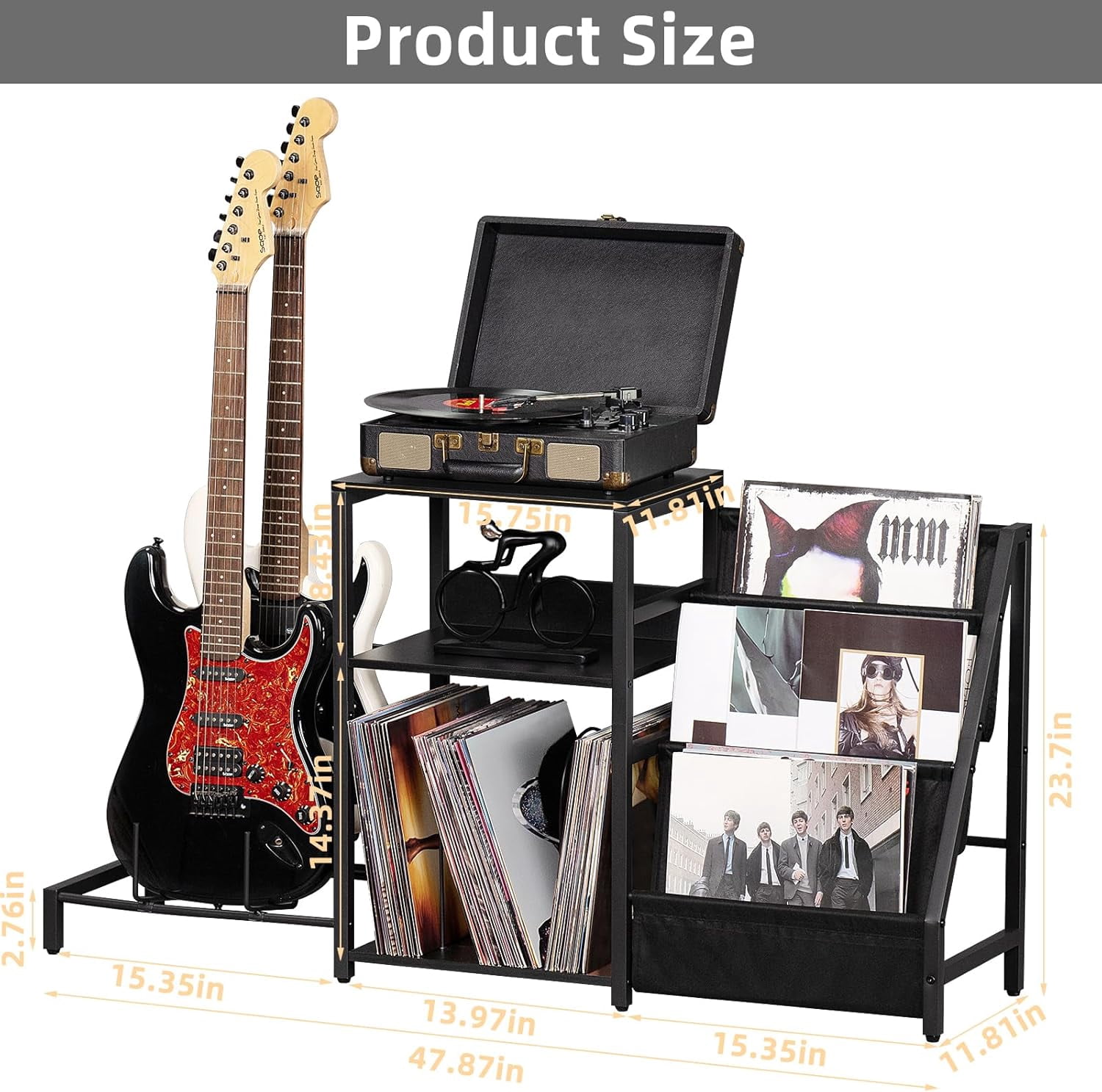 AENKYO Record Player Stand, Black Adjustable Guitar Stand for Acoustic Guitar, Electric Guitar, Bass, Turntable Stand with Vinyl Display Shelf Storage Up to 150 Albums, End Table for Music Room