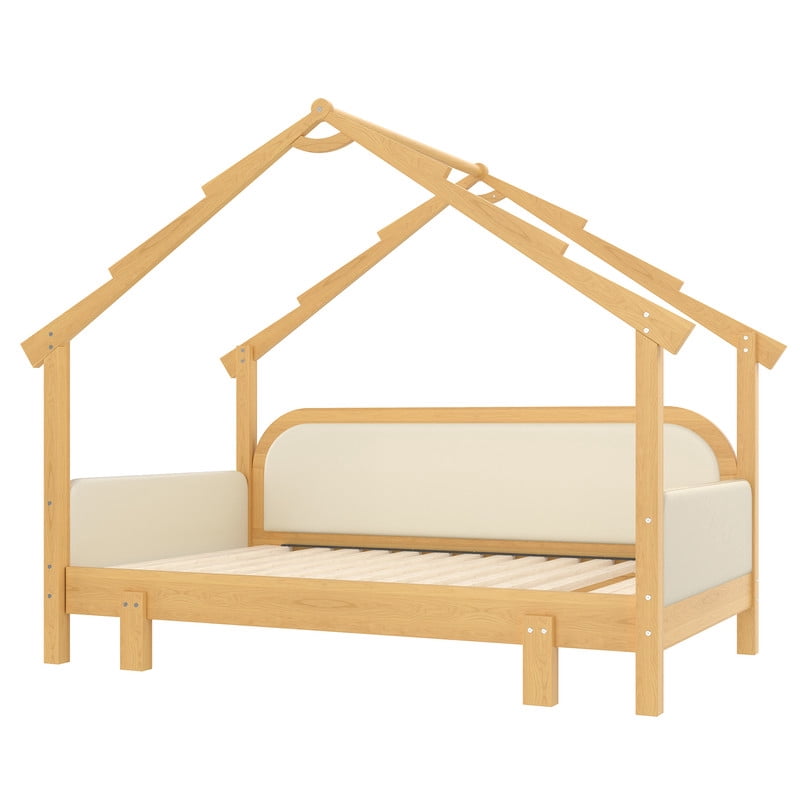 Bellemave Extendable Montessori House Bed, Wood Twin to King Daybed with Soft Cushion Rails, Double Twin Beds with Roof-Shaped, No Box Spring Needed (Natural+Beige)