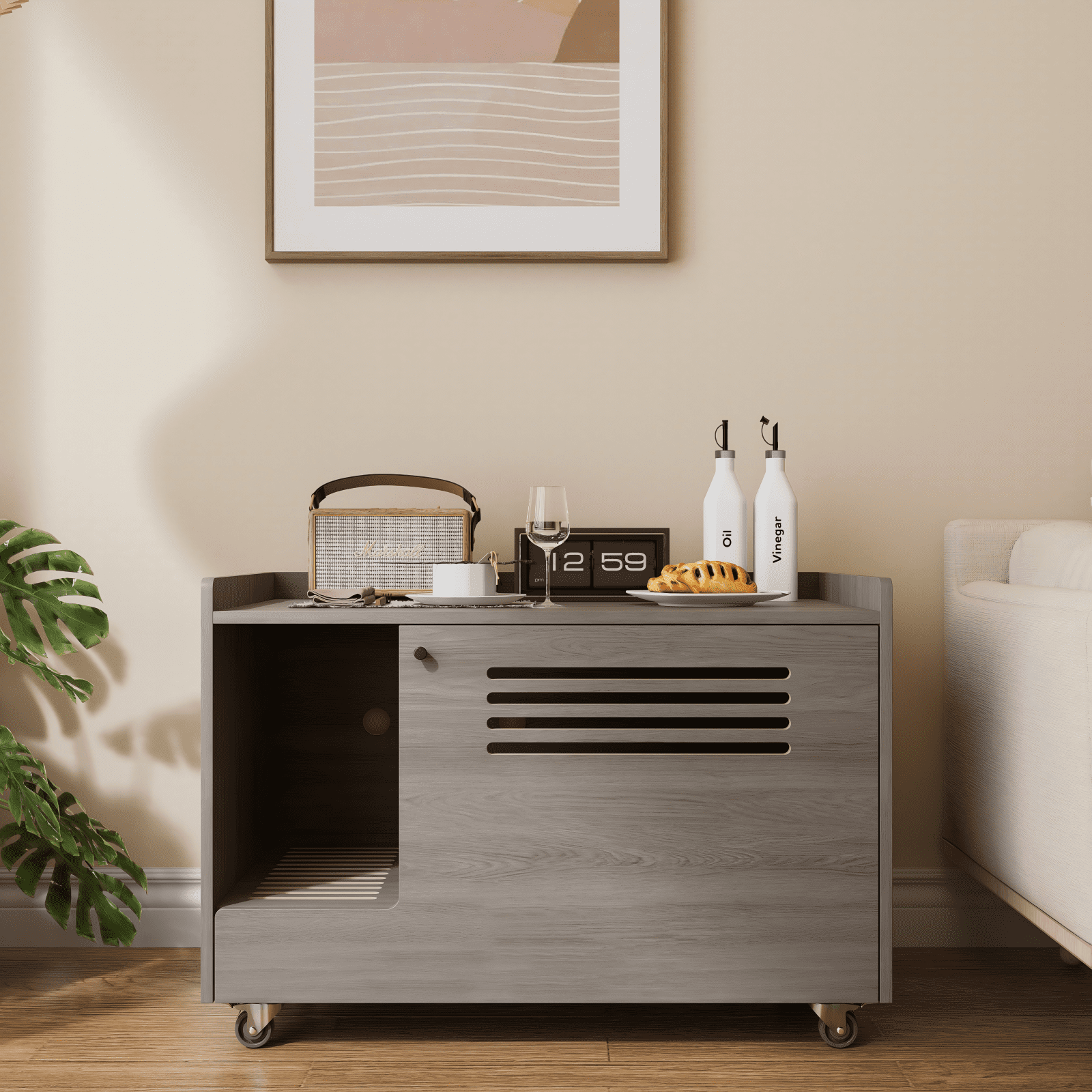 Dog Bed Gray Cat Litter Box Enclosure,Hidden Litter Box Furniture with top side fence,Wooden Pet House Side End Table, Storage Cabinet Bench for Living Room,,Bedroom, Fit Most of Litter Box,Orthopedi