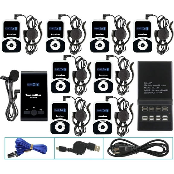 EXMAX® ATG-100T 195MHz Wireless Tour Guide System Audio Transmission for Translation Services in Our Church Court Interpreting City Museum Tour (1 Transmitter 8 Receivers   USB Charging Station)