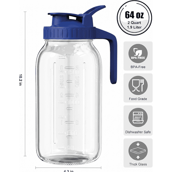64oz Glass Pitcher with Lid, 2 Quart Mason Jar Pitchers, Ultra-thick Glass, Leak Proof, Wide Mouth Breast Milk Glass Jug, Cold Brew Coffee, Fridge Container for Water, Juice, Sun Tea - Blue