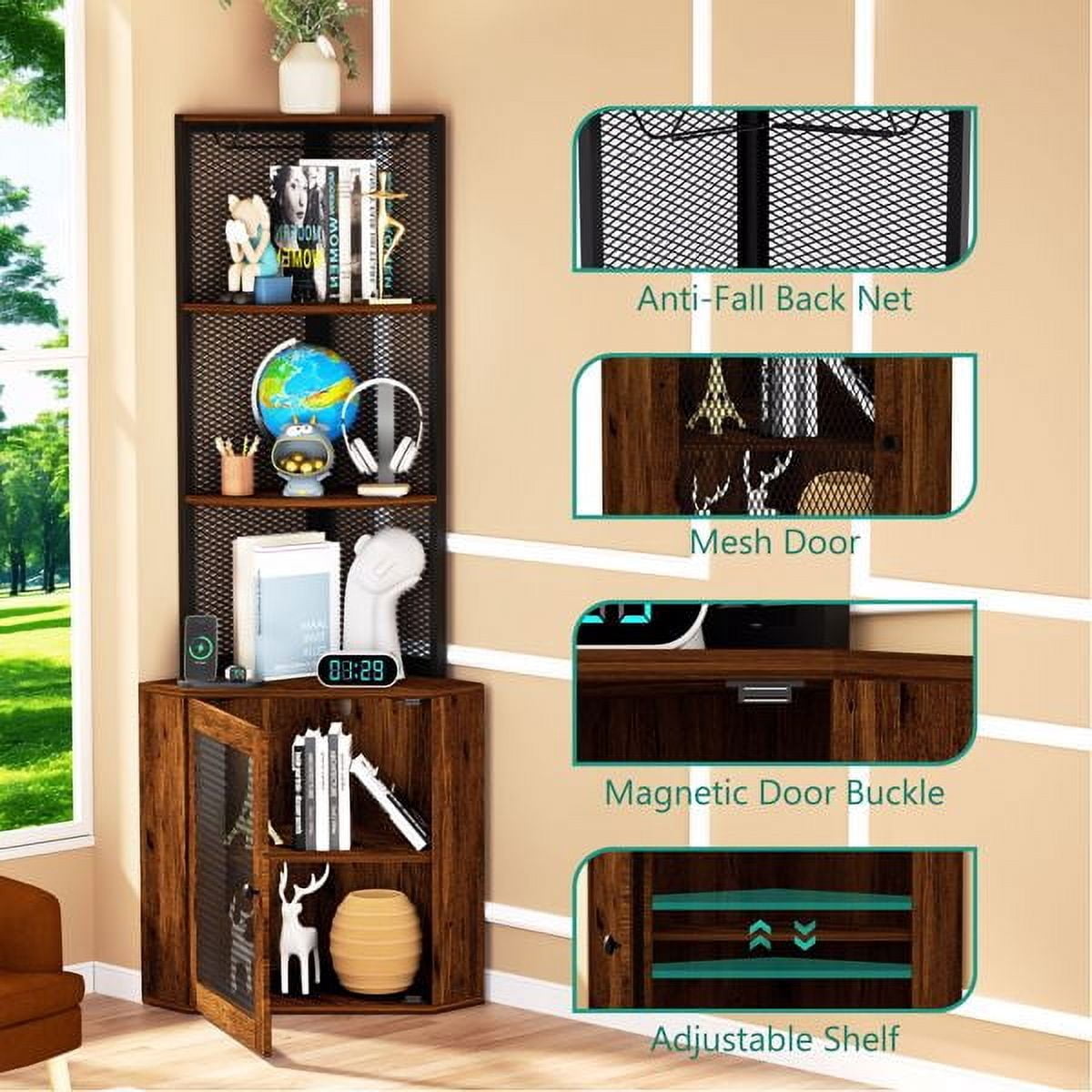 Corner Shelf with Doors, 65" Corner Cabinet & Wine Glass Rack, 6 Tier Bookshelf Display, Freestanding Corner Storage Stand for Kitchen, Living Room, Balcony