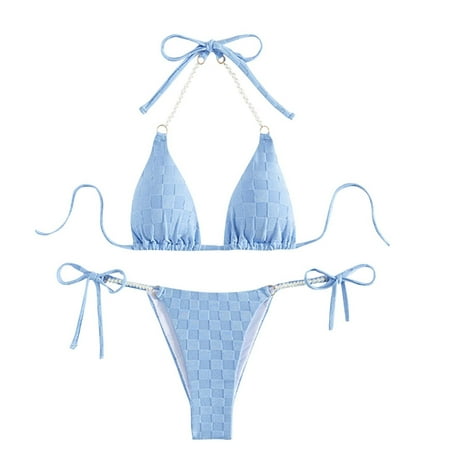Oplxuo Women s Pearls Halter String Triangle Bikini Sets Tie Side Sexy Thong Swimsuits Cheeky Thong Two Piece Bathing Suit