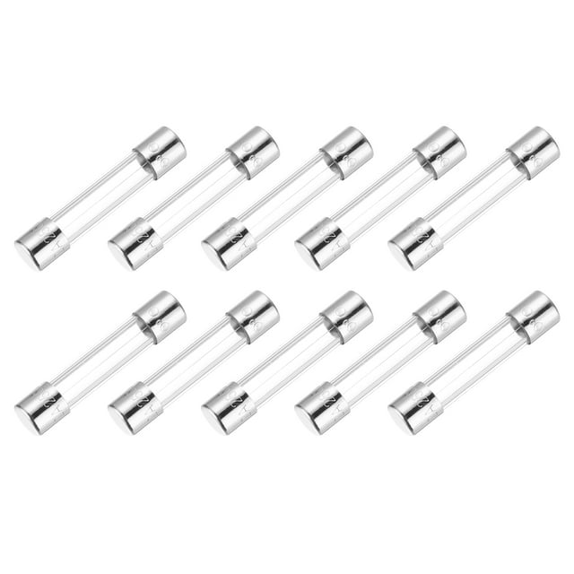 Uxcell 2A 250V Glass Fuses 5x20mm Time Delay Fuses Slow Blow Fuses 10Pcs. A set of ten cylindrical glass tube fuses with metal end caps, each measuring 5mm x 20mm. Designed for household electrical appliance protection, these time-delay fuses handle complex current changes and reduce frequent replacements. Rated for 2A current and 250V voltage.