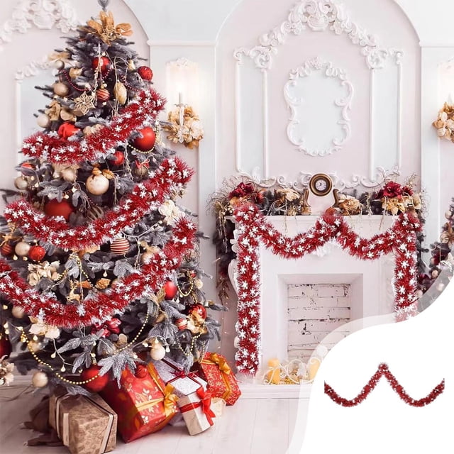 Flor de lana de color navideño de 32,8 pies para tirar, decoración para bar, escuela, fiesta, árbol de Navidad, copo de nieve rojo