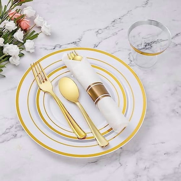175 Piece Gold Plastic Dinnerware Set for 25 Guests, Fancy Disposable Plates for Party, Include: 25 Dinner Plates, 25 Dessert Plates, 25 Pre Rolled Napkins with Gold Silverware, 25 Cups