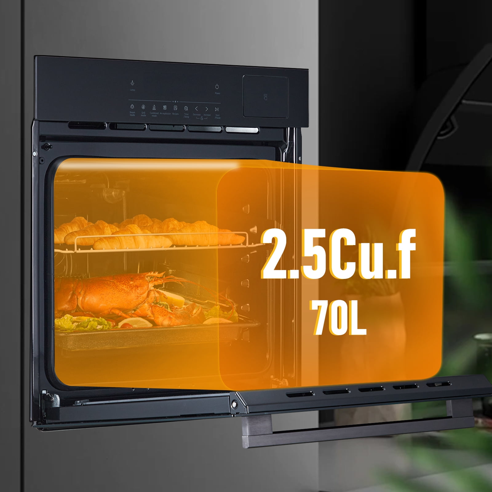 24" Electric Wall Ovens  with 8 Baking Modes 2.5Cu.ft Built-in Electric Ovens with Air Frying Function 3000W Touch Control Double-Layered Glass Door Silver