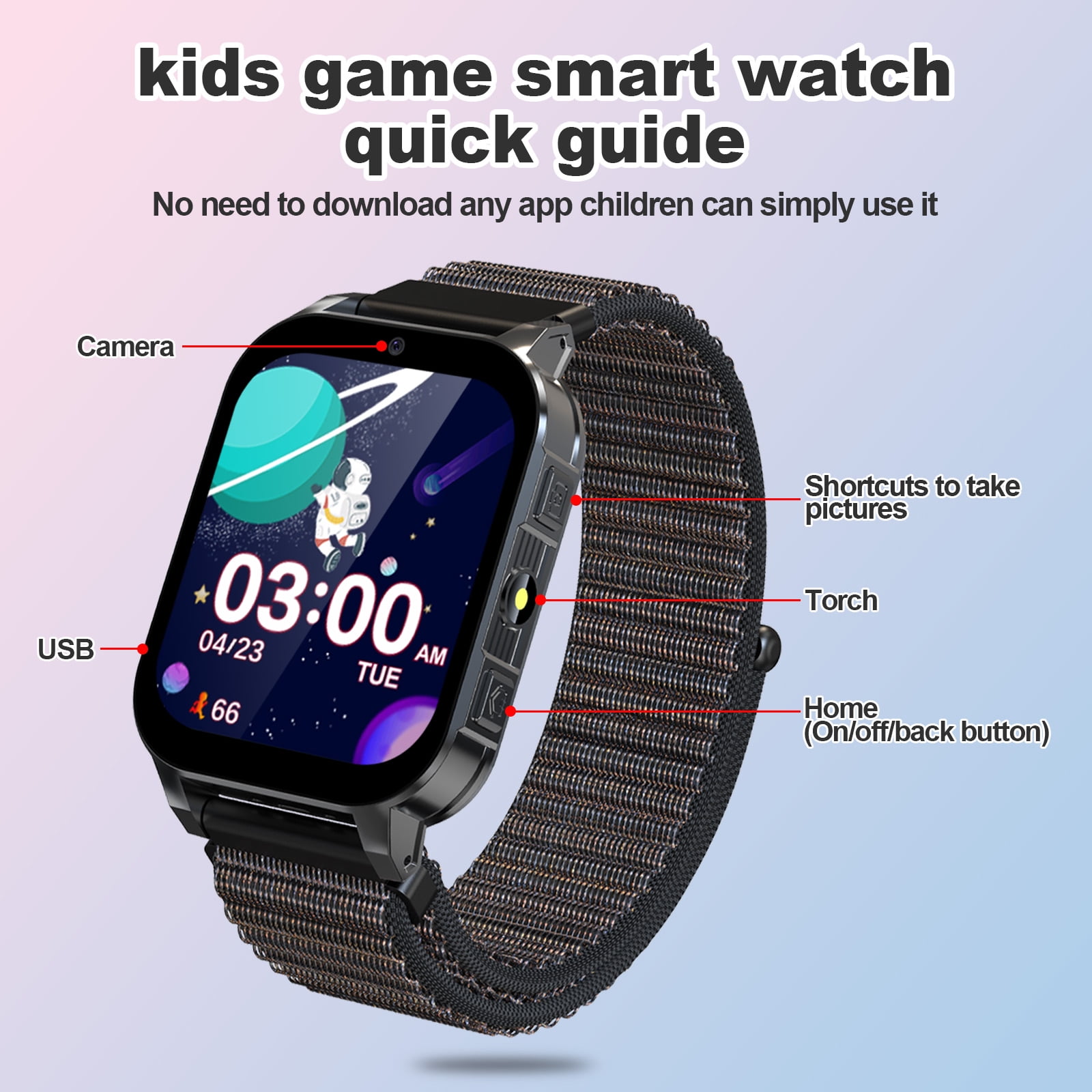 SHANNA Kids Smart Watch for Boys Girls Aged 4-12,  1.83'' HD Touch Screen with 30 Games and 140 Learning Cards, Music Player Camera Pedometer Story Telling, Black