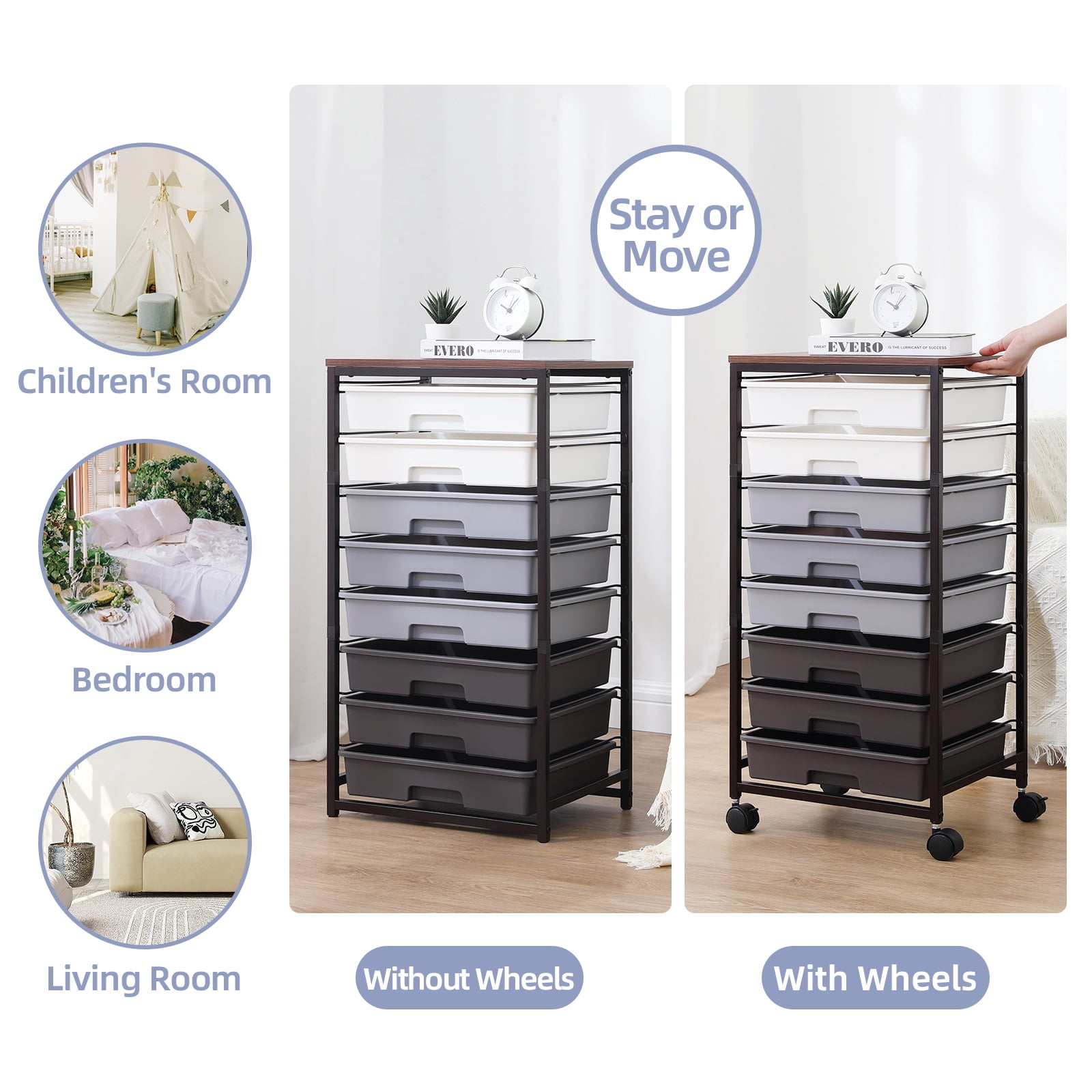 KK KINGRACK Storage Rolling Drawer Cart, Rolling Cart with 8 Drawers and Wooden Tabletop, Metal & Plastic, Gray