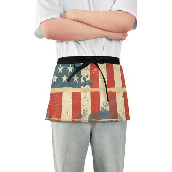 Us Flag Painting Waist Apron Adjustable Server Half Apron Kitchen Cooking with 3 Pockets for Men Women