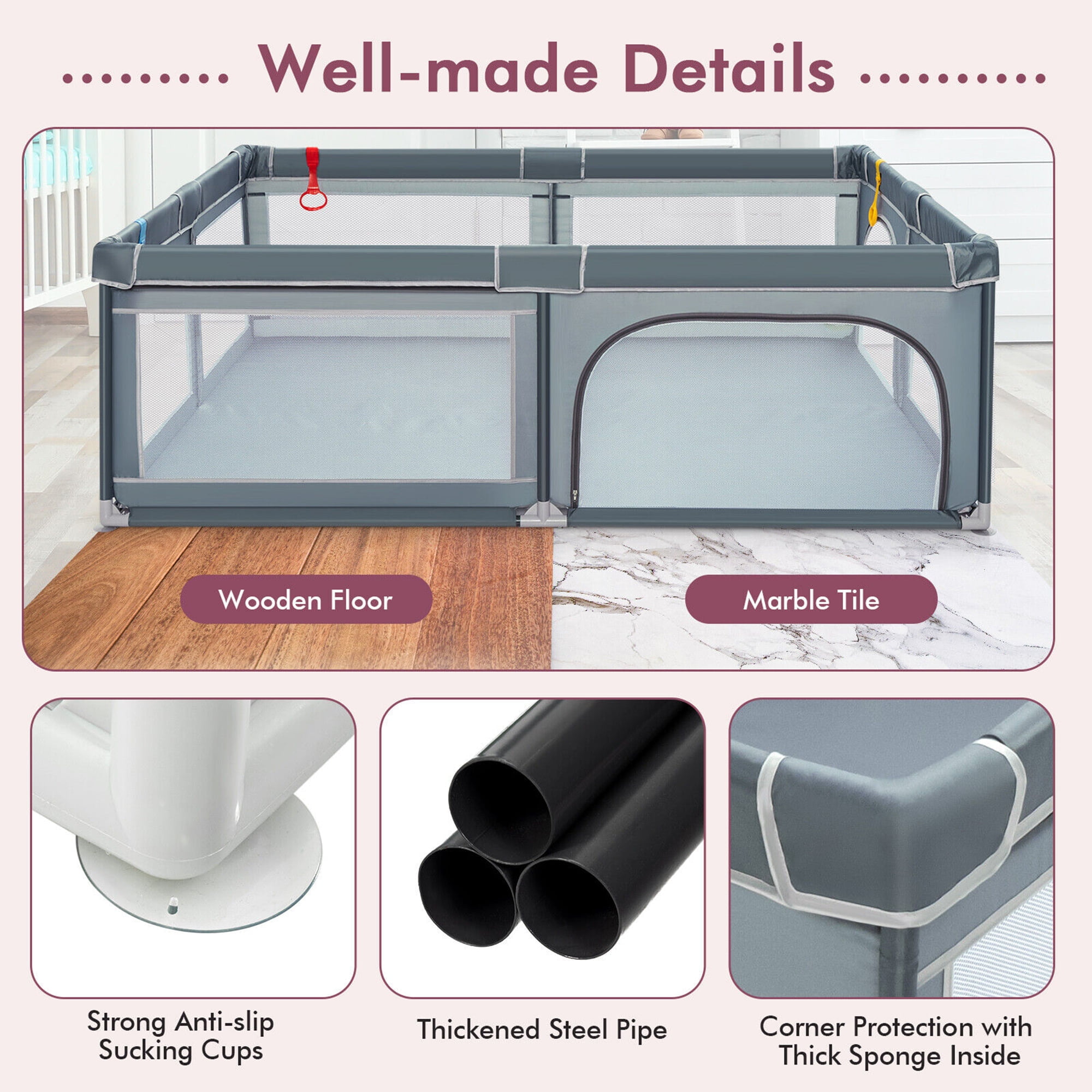 Gymax Baby Playpen Extra-Large Safety Baby Fence w/ Ocean Balls & Rings Dark Grey