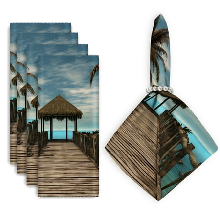 

Bahomeck Cloth Napkins Set Of 4 18*18 Inch Washable Polyester Napkins Dining Table Napkins Weddings Party Dinner Parties(Wooden Pier With Palm Trees And Thatched Roof)
