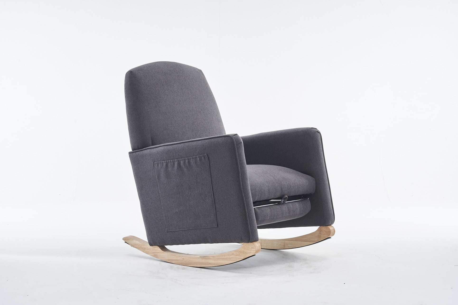 Cotton Linen Rocking Chair with Pull Out Footrest, Side Pockets and Non-slip Mats Legs for Living Room, Bedroom, Nursery, Balcony, Dark Gray