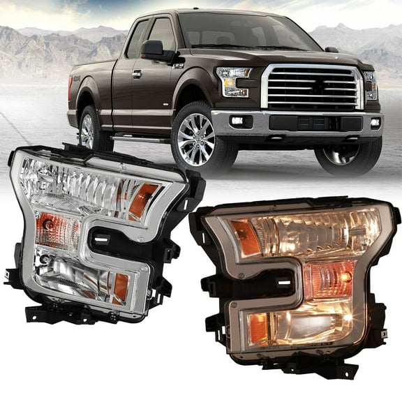 Winjet Headlights Compatible with 2015 2016 2017 Ford F150 Replacement Left Right Pair Headlamp Assembly Accessories Clear Lens Chrome Housing Amber Reflector