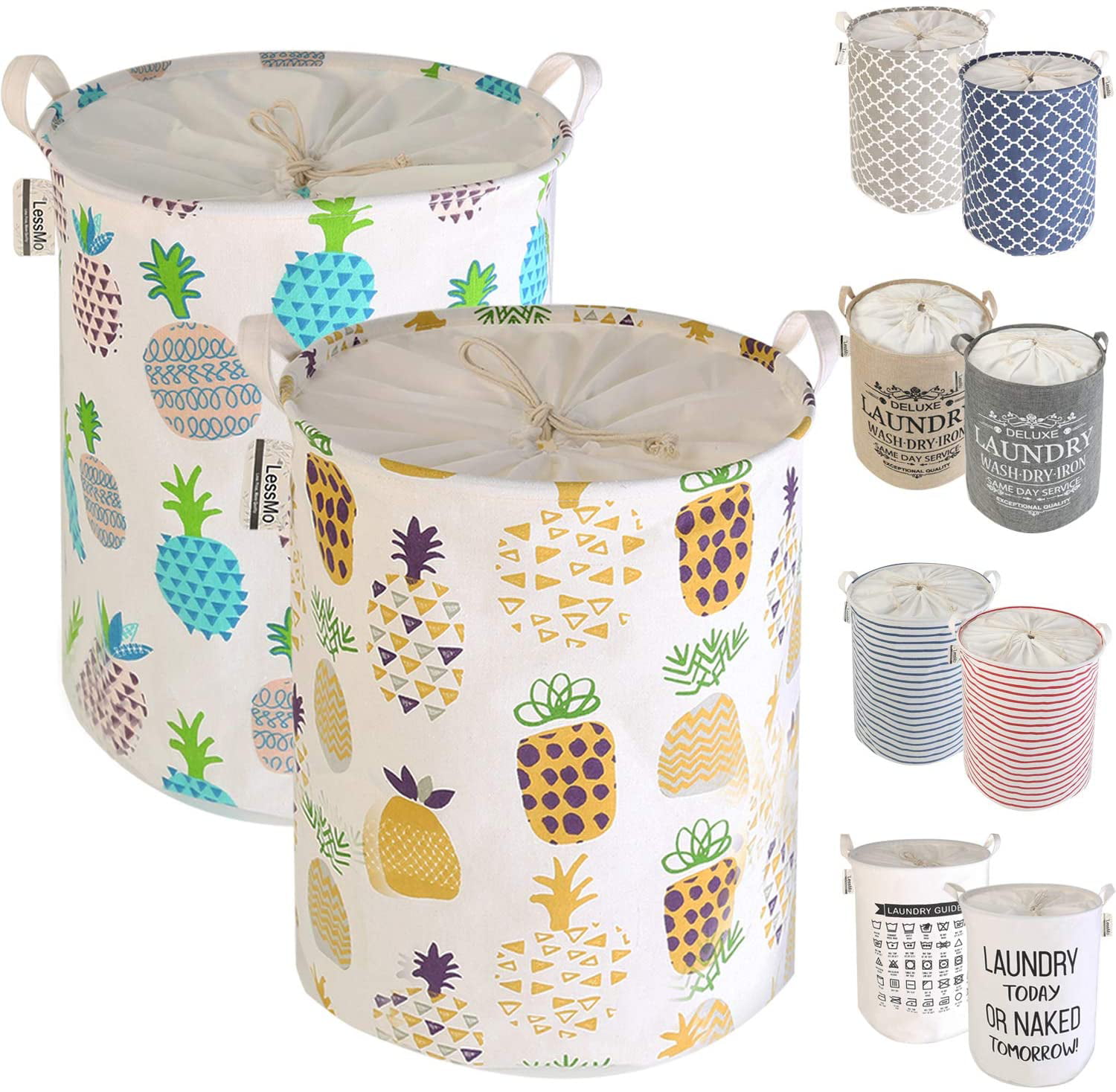 pineapple, Thickened 19/Large Waterproof Round Cotton Linen Collapsible Pop-Up Laundry Hampers LessMo 2PCS 19.7 Laundry Basket Storage Sorter 