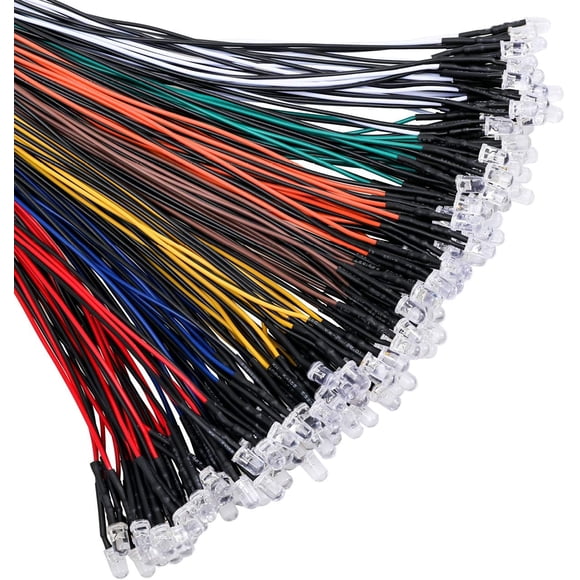 GFDYREE 140 Pcs (7 Couleurs x 20 Pcs) 12 Volts Lumières LED Diodes Émettrices Pré-Câblées DC 12v 5mm Kit Assorti Lentille Claire - Blanc Chaud-Blanc Rouge Jaune Vert Bleu Orange Petites Lampes LED