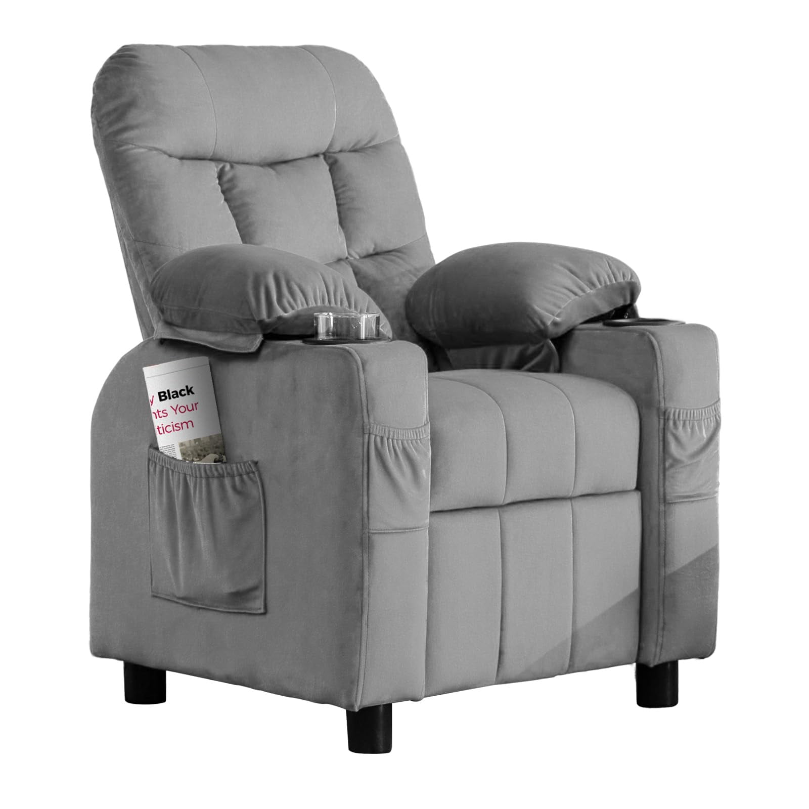 Linor Kids Recliner Chair, Modern Velvet Lounge with Cup Holder, Footrest, Side Pockets, Gray