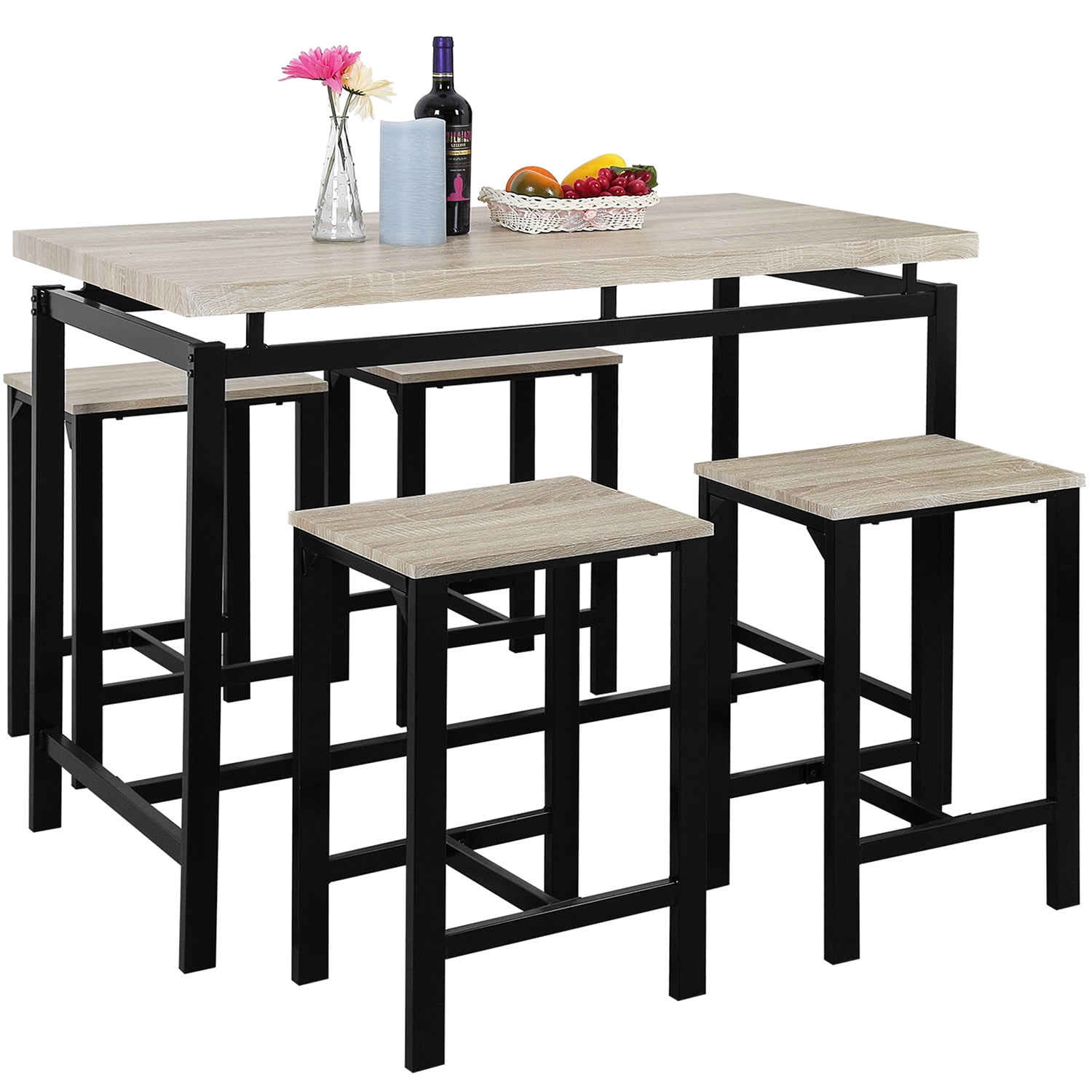 Kadyn 5 Piece Dining Table Set, Modern Rectangle Kitchen Table and Chairs for 4 Persons, Metal Top Pub Table & Chair Set with 4 Chairs, Beige Kadyn 5 Piece Dining Table Set, Modern Rectangle Kitchen Table and Chairs for 4 Persons, Metal Top Pub Table & Chair Set with 4 Chairs, Beige