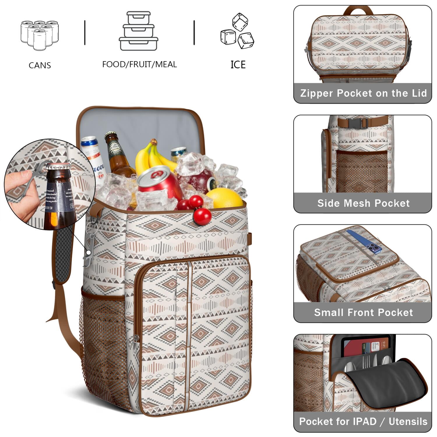 Travel Cooler Bag - Boho Bohemia Pioneer Flower Geometric Line Art Camping Beer Cooler Backpack with Bottle Opener- Waterproof Insulated Picnic Backpacks - Cooler Bag for Beach