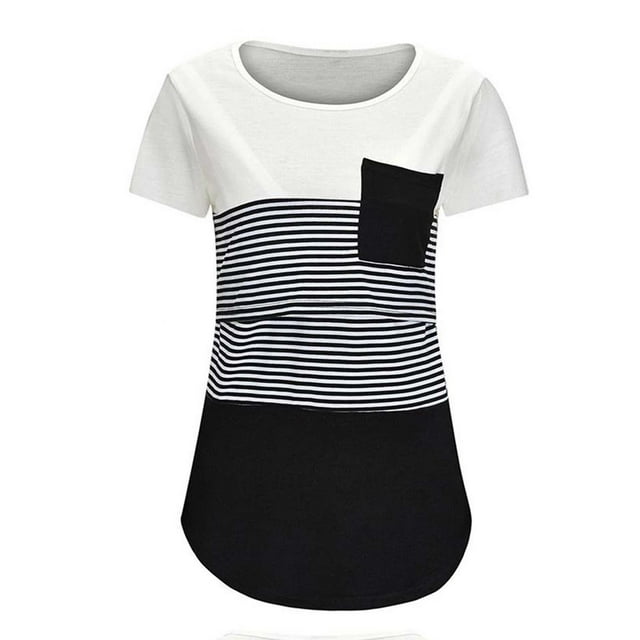 DPTALR Blouse d'Été d'Allaitement à Rayures Col Rond Manches Courtes pour Femmes Enceintes avec Poche