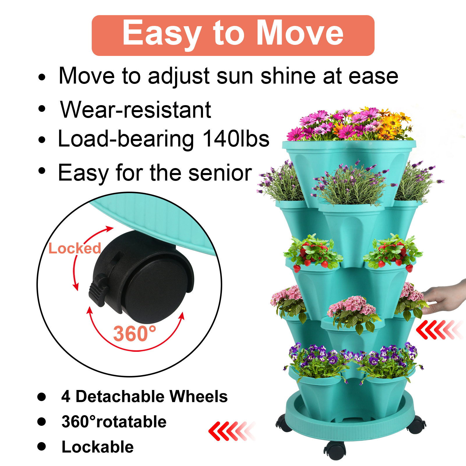 Stackable Planters 5 Tier Vertical Garden Planters Strawberry, Herb, Flower, Vegetable Indoor Outdoor Pots with Wheels,Teal