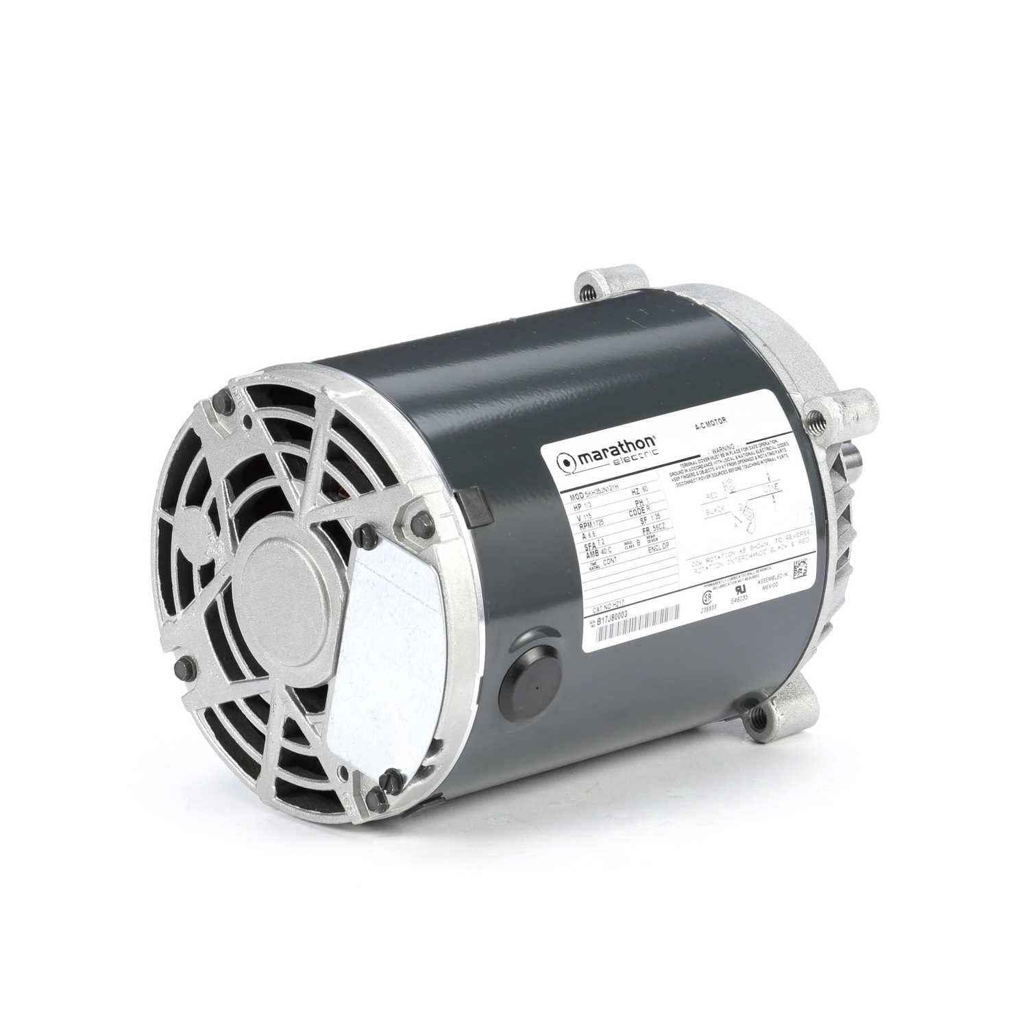 Marathon H217 56CZ Frame Exhaust Ventilator Motor, Single Split Phase, C-Face, Open Drip Proof, Ball Bearing, 6.6 amp, 1/3 hp, 1725 rpm, 115V